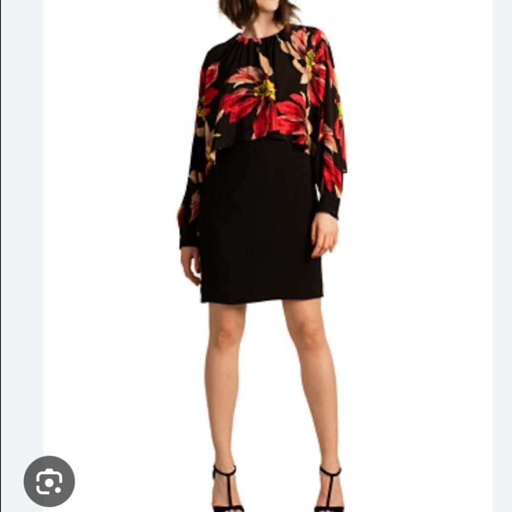 Trina Turk Preston Floral Print Cape‎ Overlay Dress Black Red 190305 Size 2 NWT